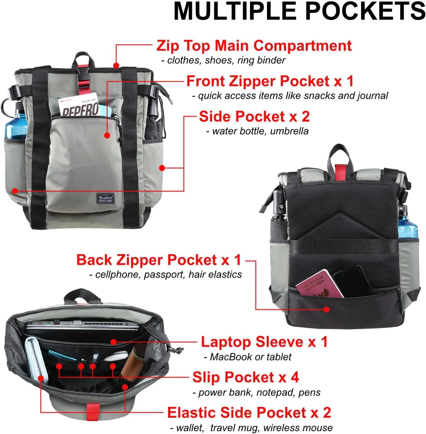 Unisex Laptop Tote Backpack Convertible Lightweight Nylon Water-Resistant Everyday Shoulder Tote bag Backpack with Water Bottle Pocket Work Travel, Gray
