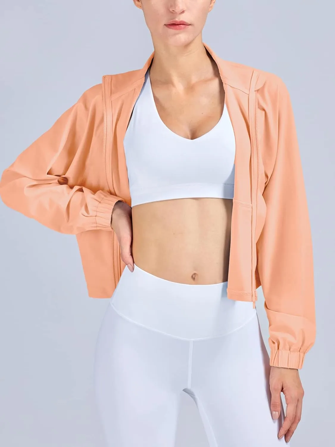 UPF 50  Workout Jackets for Women Athletic Zip Up Running Jacket Sun Protection Lightweight UPF Cropped Jacket