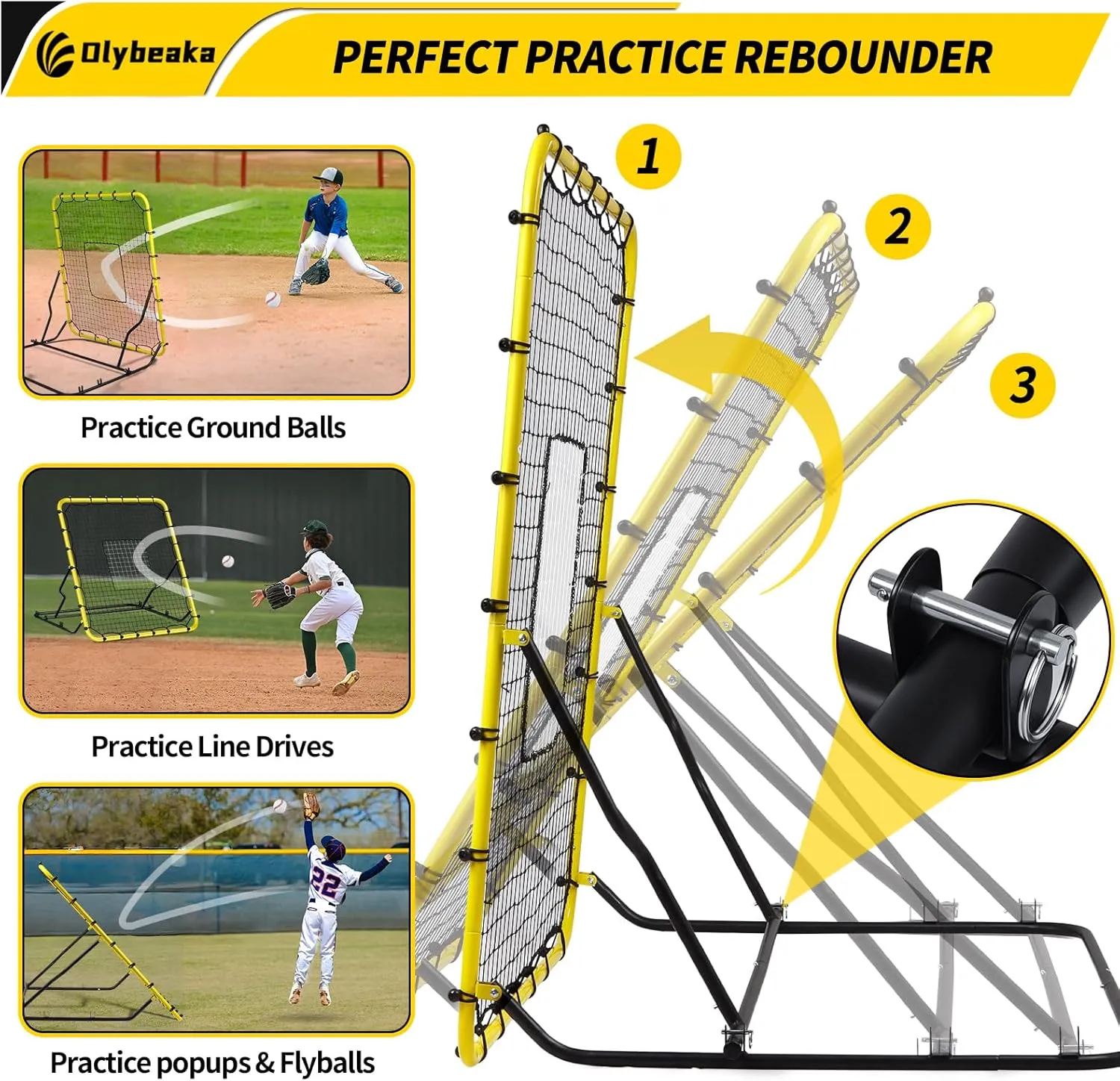 Upgraded Stable Baseball Rebounder Net with 3 Adjustable Angles 48" x 52" Baseball Bounce Back Net Fielding Trainer for Baseball and Softball Rebound Practice with Metal Stakes
