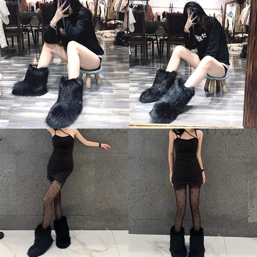 Valpeak Snow Boots for Women 2024 Furry Boots Winter Knee High Flat Heel Fluffy Faux Fur Boots