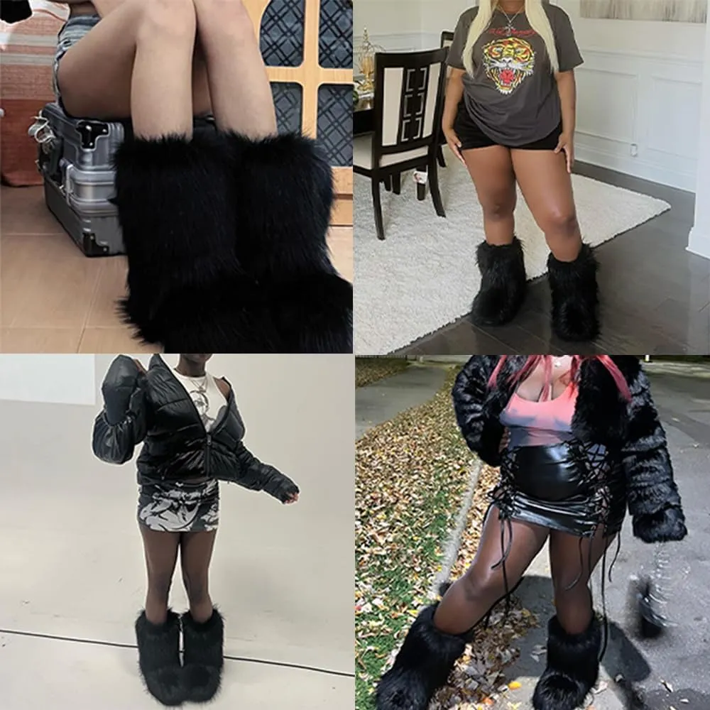 Valpeak Snow Boots for Women 2024 Furry Boots Winter Knee High Flat Heel Fluffy Faux Fur Boots