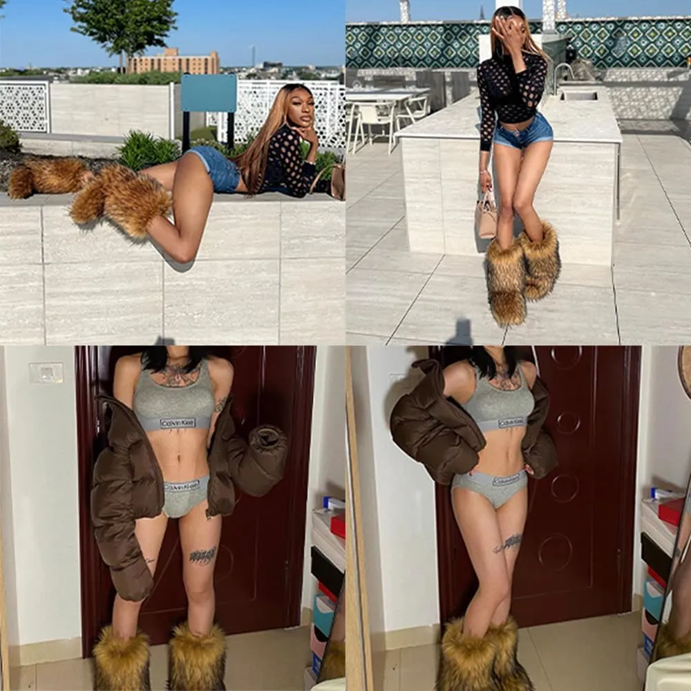 Valpeak Snow Boots for Women 2024 Furry Boots Winter Knee High Flat Heel Fluffy Faux Fur Boots