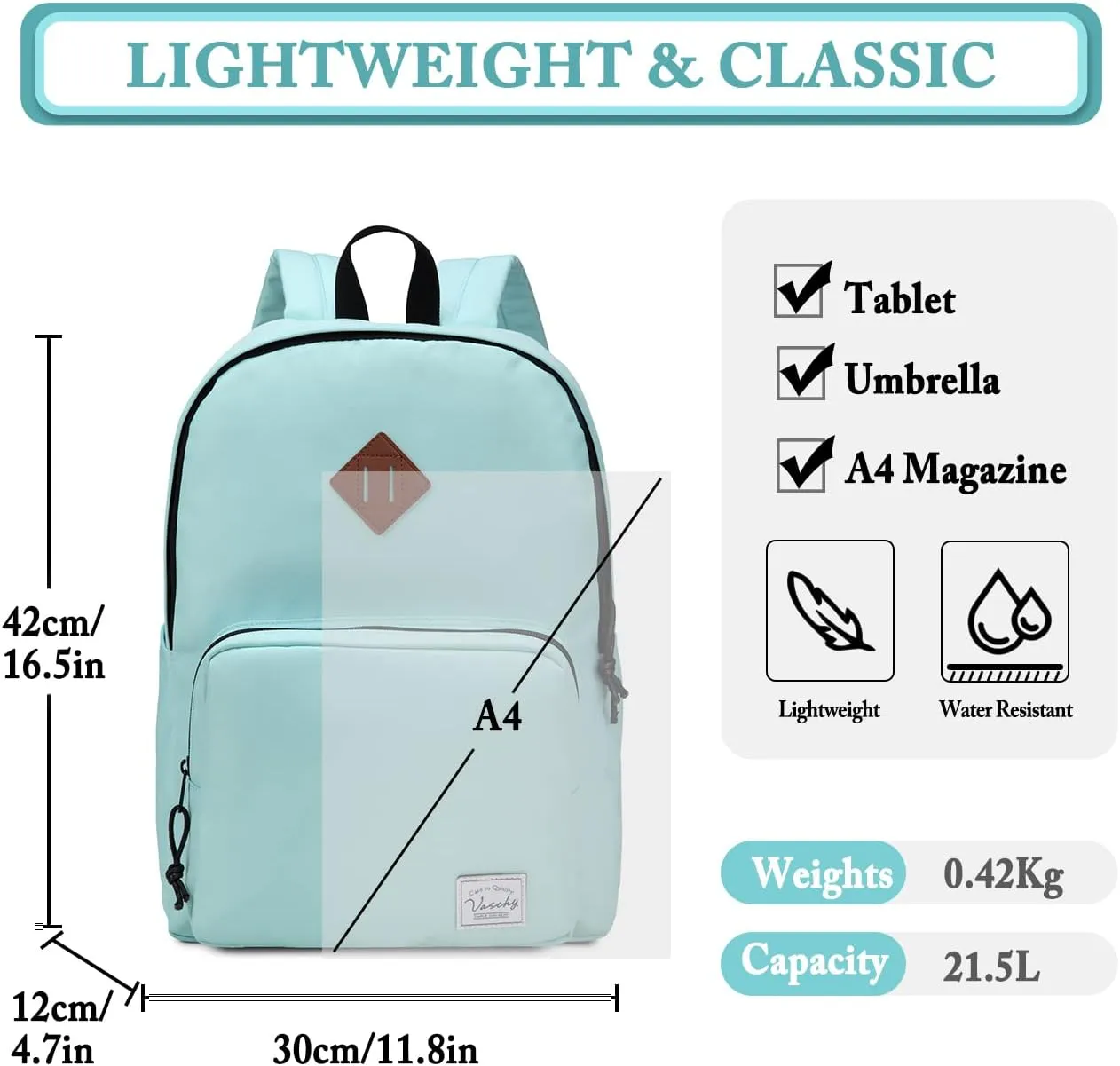 VASCHY School Backpack, Ultra Lightweight Backpack for Women Bookbag for Kids Teen Boys Girls Aqua