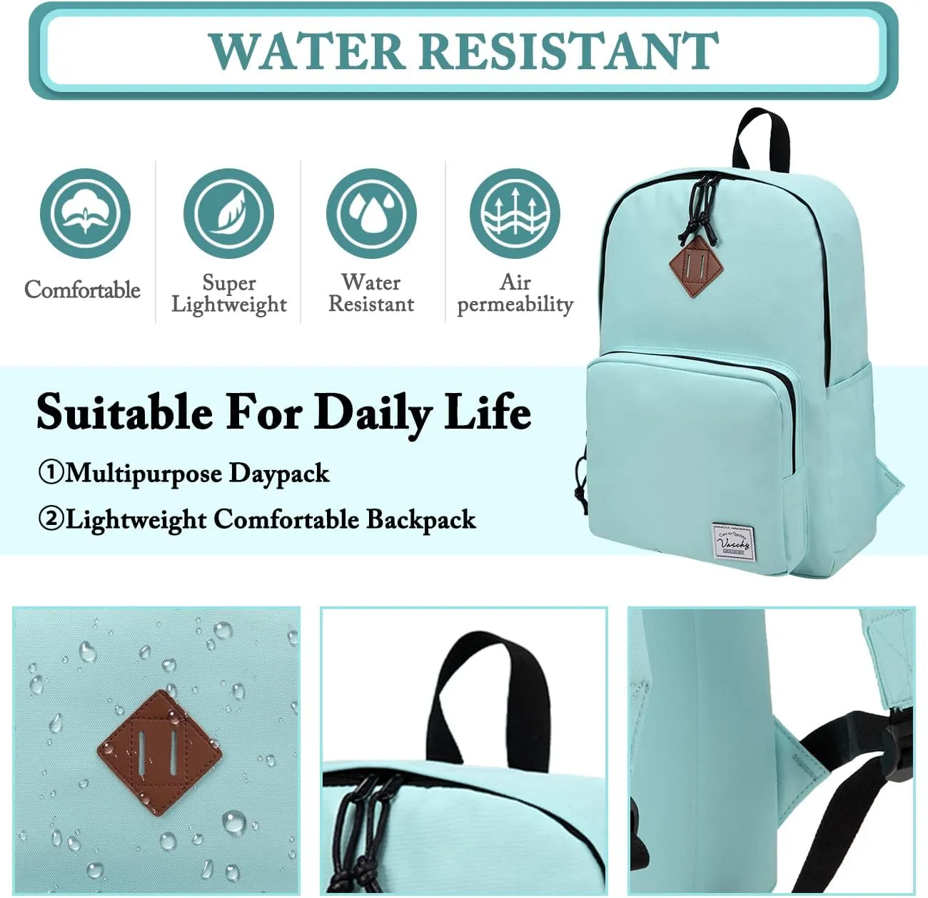 VASCHY School Backpack, Ultra Lightweight Backpack for Women Bookbag for Kids Teen Boys Girls Aqua