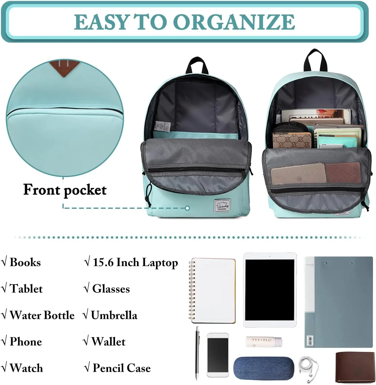 VASCHY School Backpack, Ultra Lightweight Backpack for Women Bookbag for Kids Teen Boys Girls Aqua