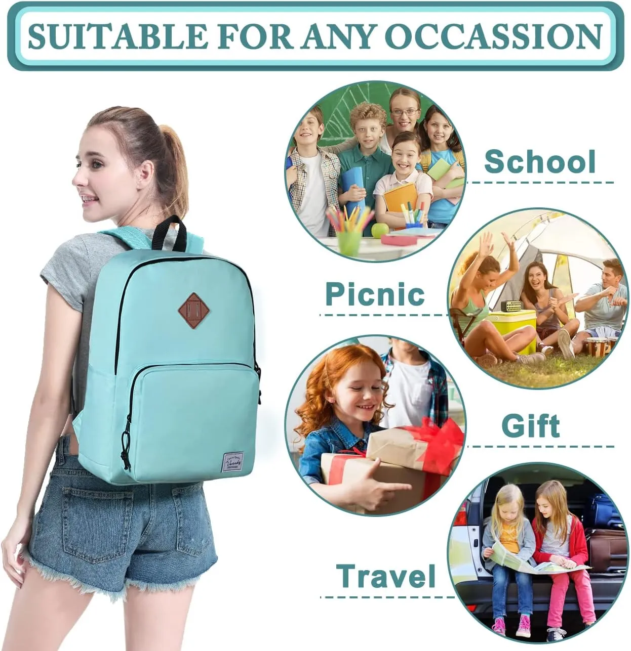 VASCHY School Backpack, Ultra Lightweight Backpack for Women Bookbag for Kids Teen Boys Girls Aqua