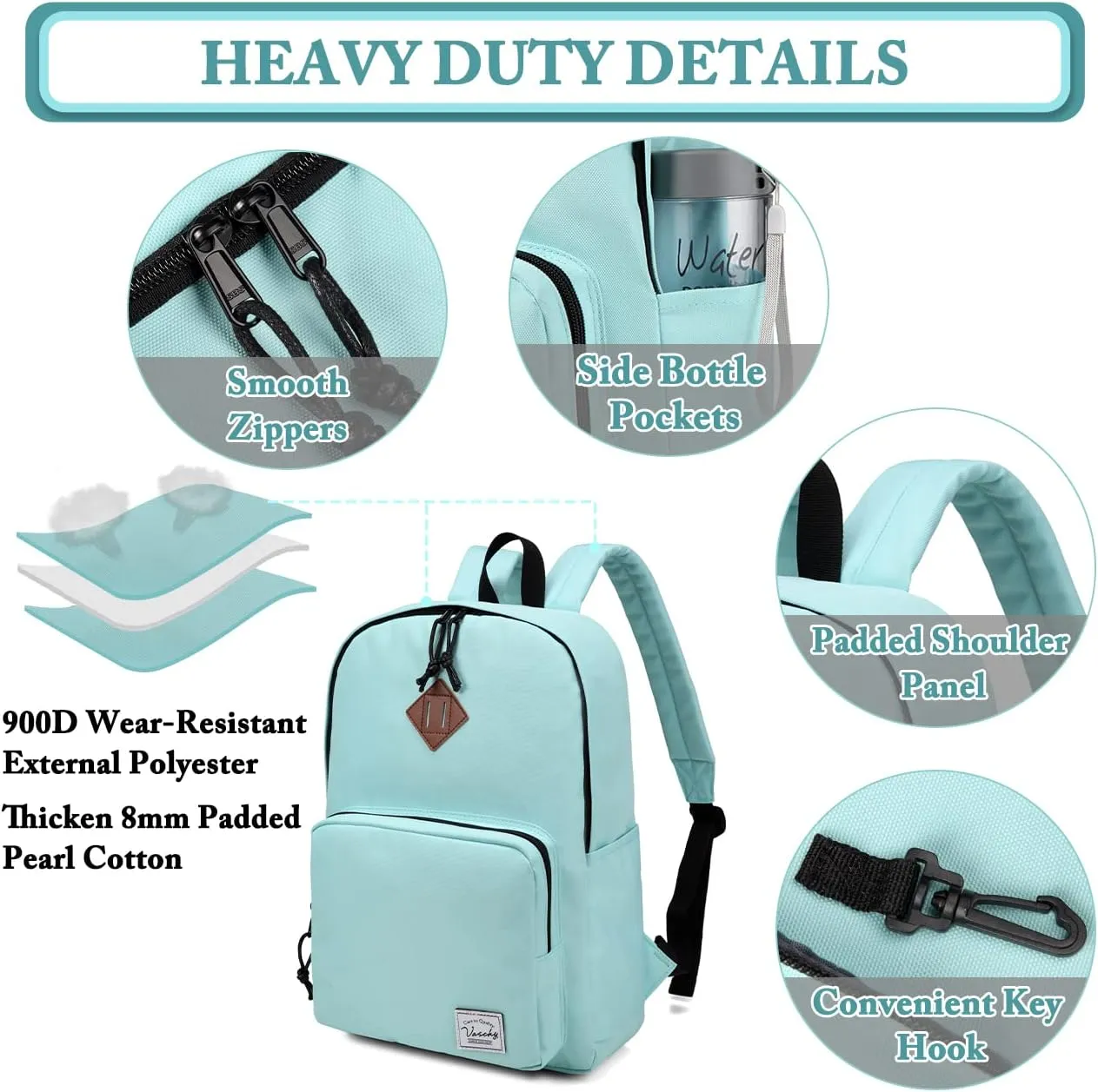 VASCHY School Backpack, Ultra Lightweight Backpack for Women Bookbag for Kids Teen Boys Girls Aqua