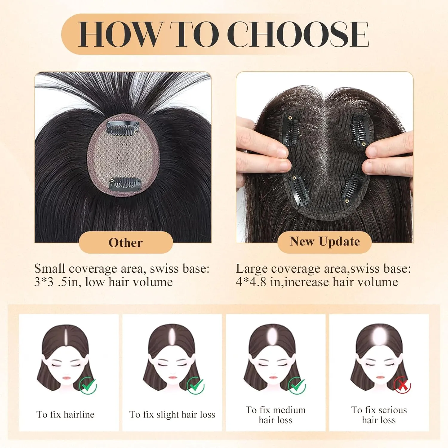VASILIA Hair Toppers for Women Real Human Hair, 360° Cover 3D Hairpieces for Women with Thinning hair, 4x4.8 Upgrade Basement Topper, Dark Brown 12 Inch