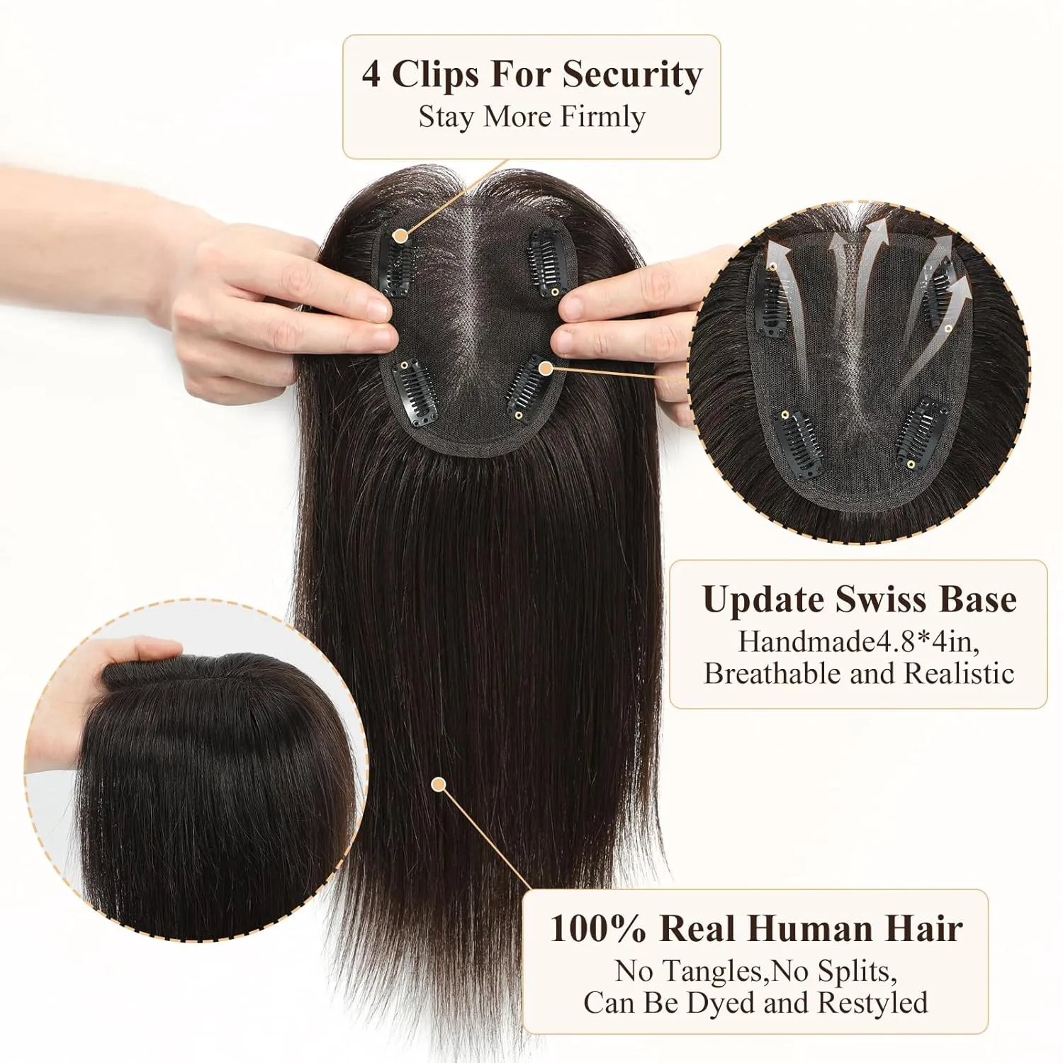 VASILIA Hair Toppers for Women Real Human Hair, 360° Cover 3D Hairpieces for Women with Thinning hair, 4x4.8 Upgrade Basement Topper, Dark Brown 12 Inch