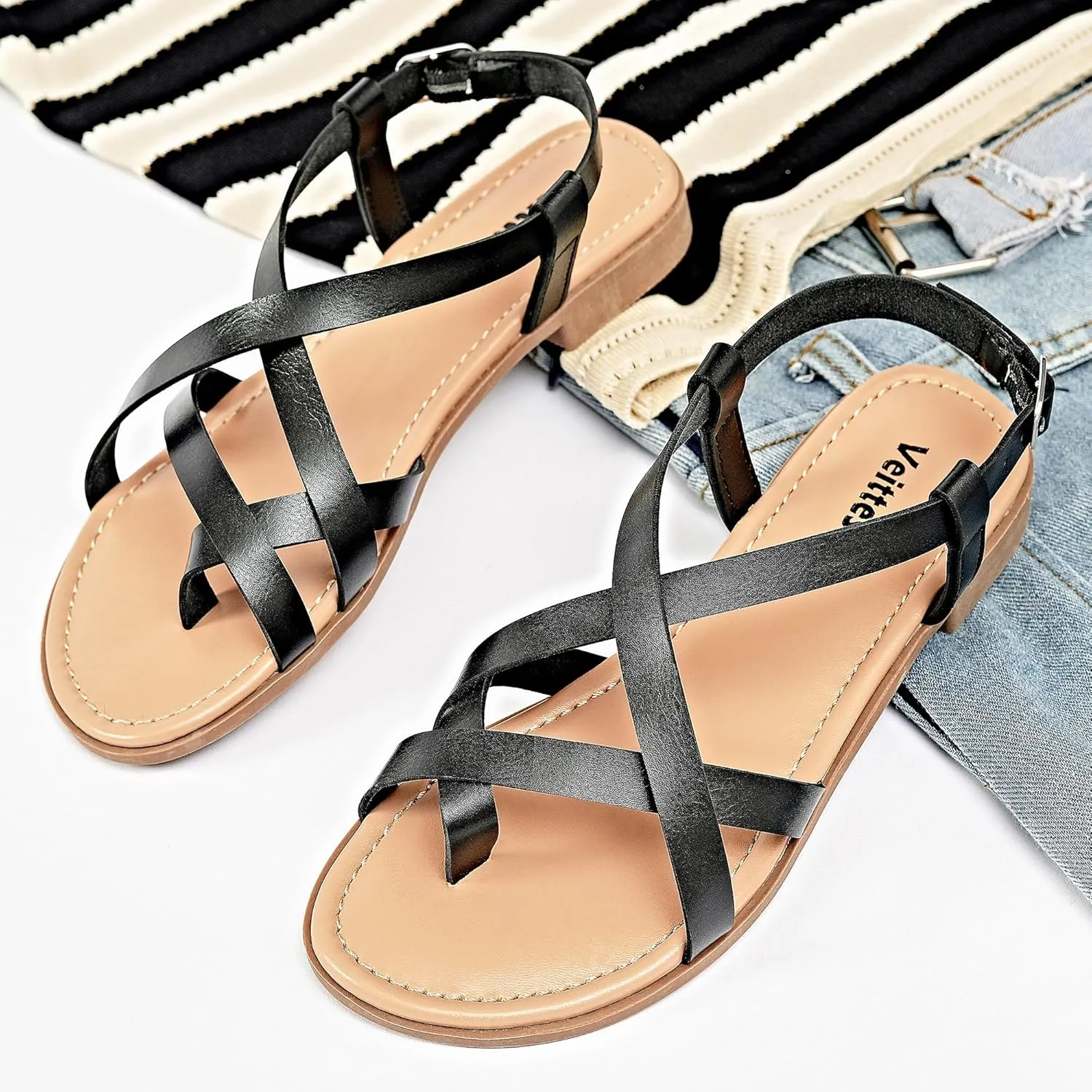 Veittes Women's Flat Slide Sandals - Comfort Casual Criss Cross Flat Summer Shoes.
