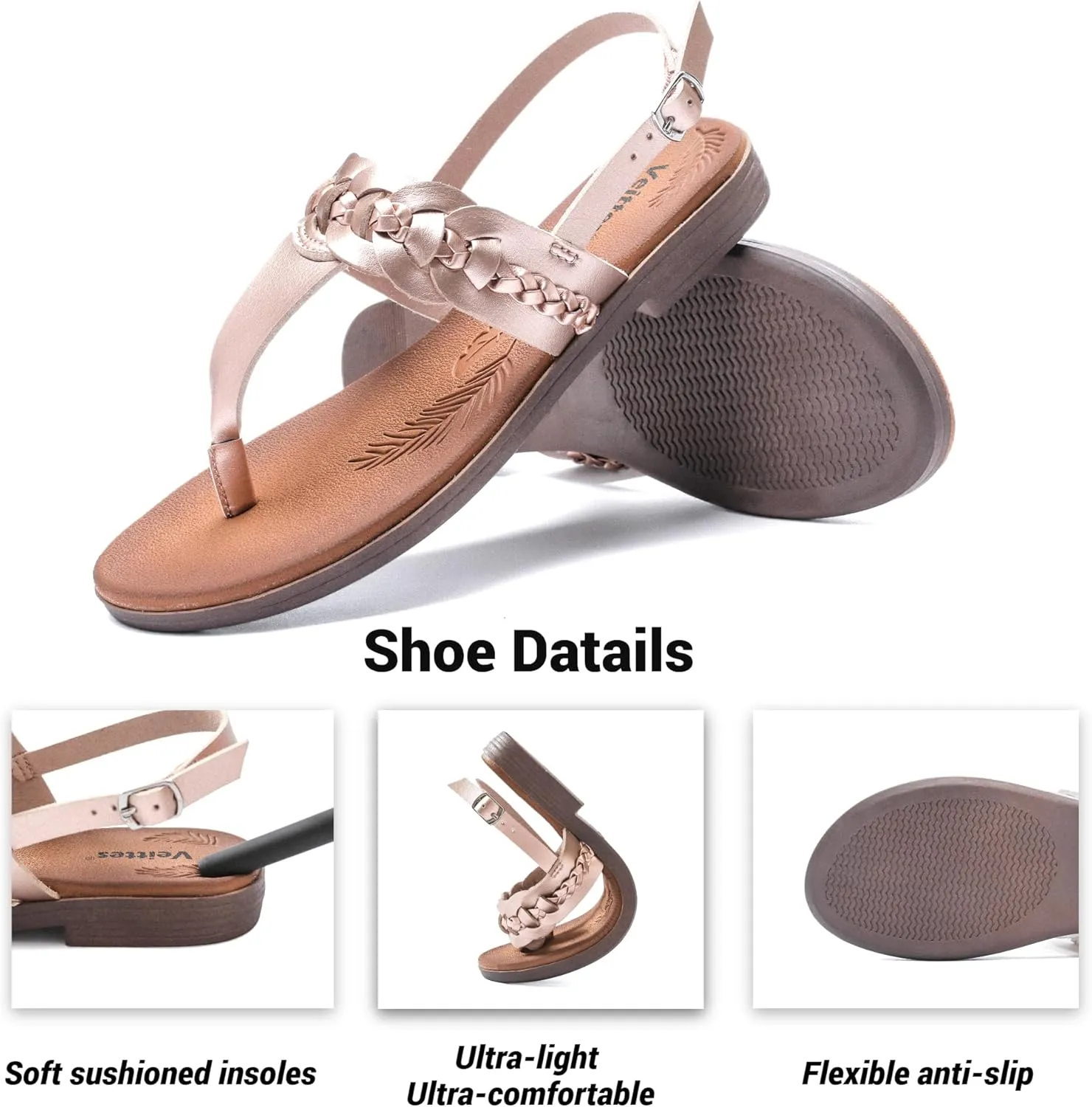 Veittes Women's Flat Slide Sandals - Fashionable Elastic Ankle Strap Comfortable Flat Summer Sandals.