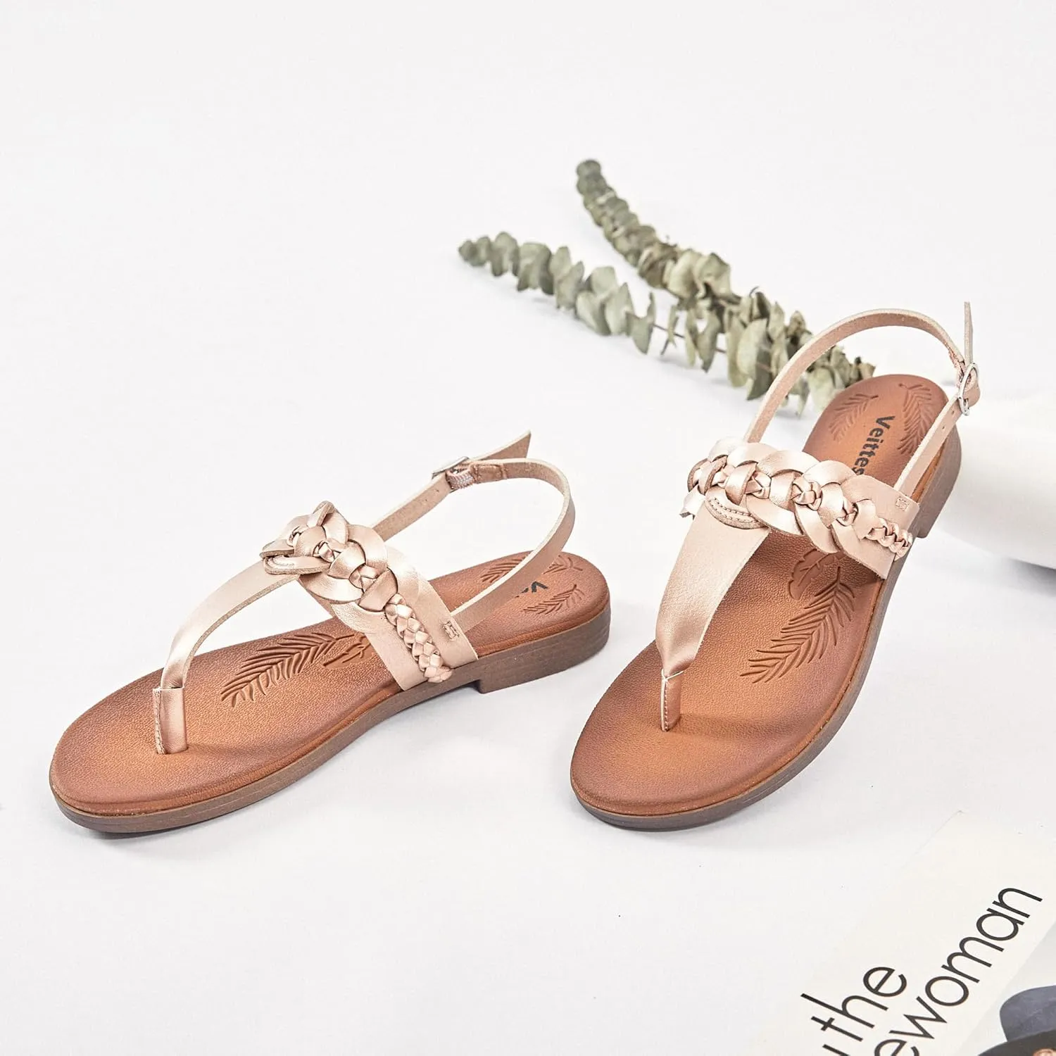 Veittes Women's Flat Slide Sandals - Fashionable Elastic Ankle Strap Comfortable Flat Summer Sandals.