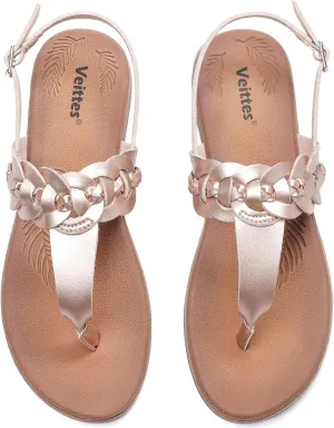 Veittes Women's Flat Slide Sandals - Fashionable Elastic Ankle Strap Comfortable Flat Summer Sandals.