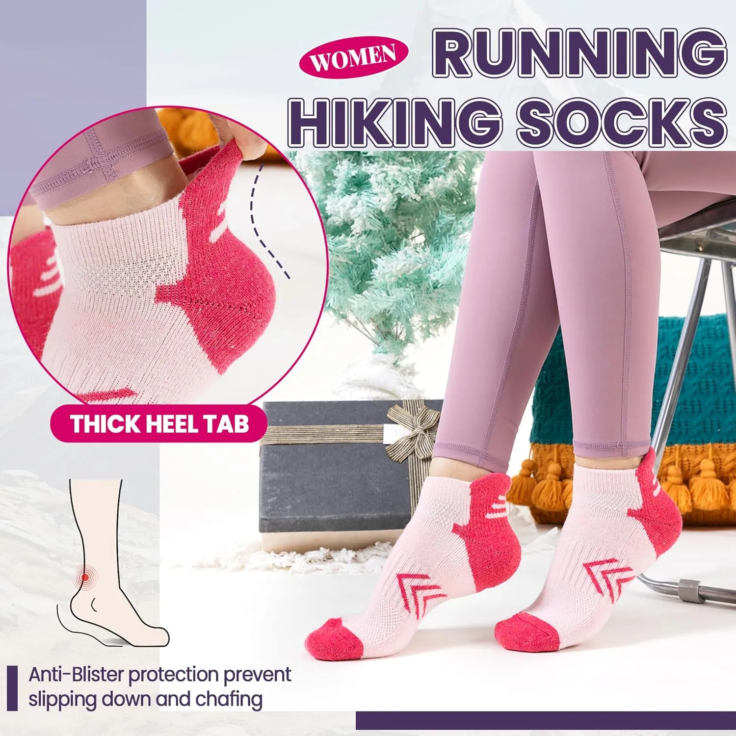 Velice Merino Wool Ankle Hiking Running Socks for Women Compression Support Thick Cushion Breathable No Show Socks 6 Pairs