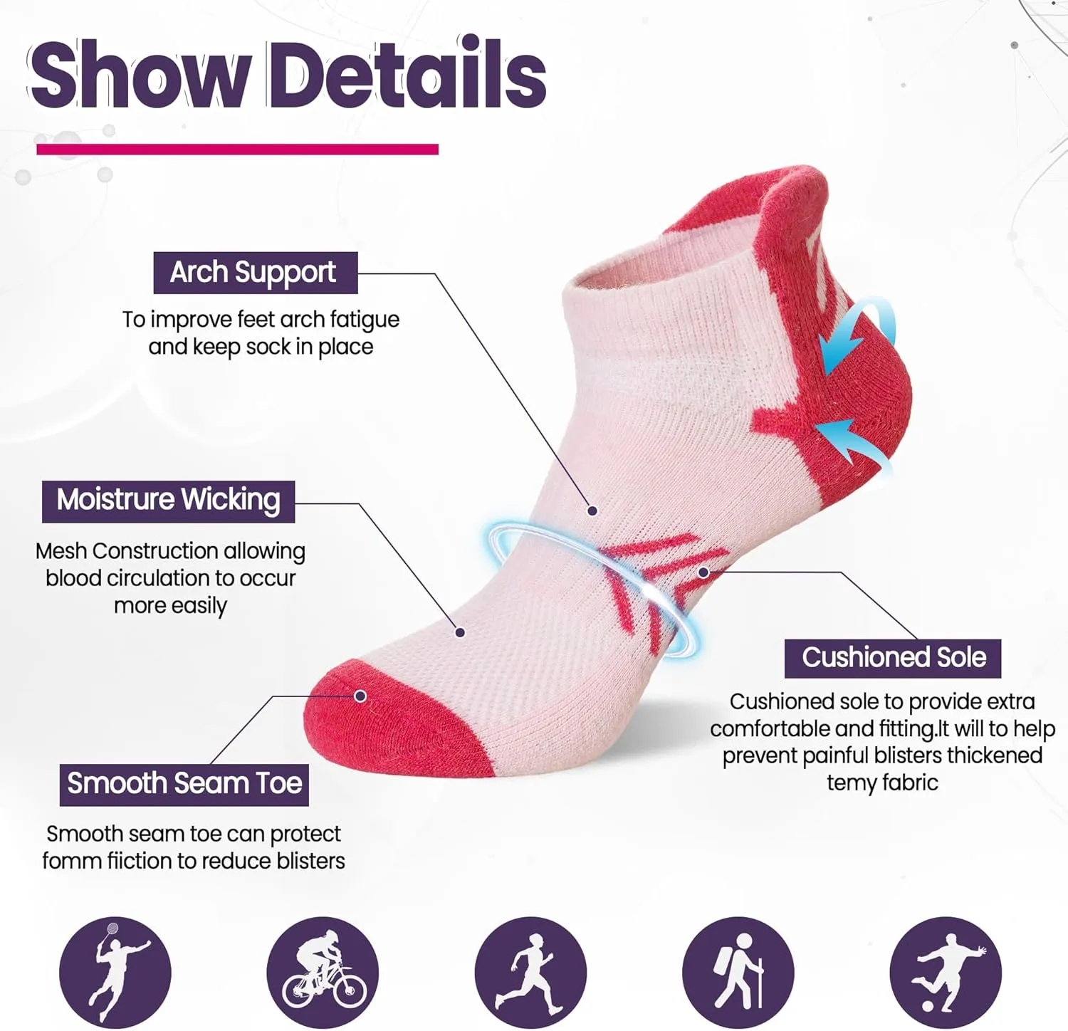 Velice Merino Wool Ankle Hiking Running Socks for Women Compression Support Thick Cushion Breathable No Show Socks 6 Pairs