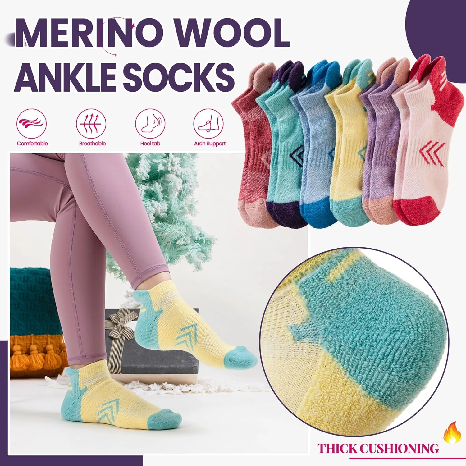 Velice Merino Wool Ankle Hiking Running Socks for Women Compression Support Thick Cushion Breathable No Show Socks 6 Pairs