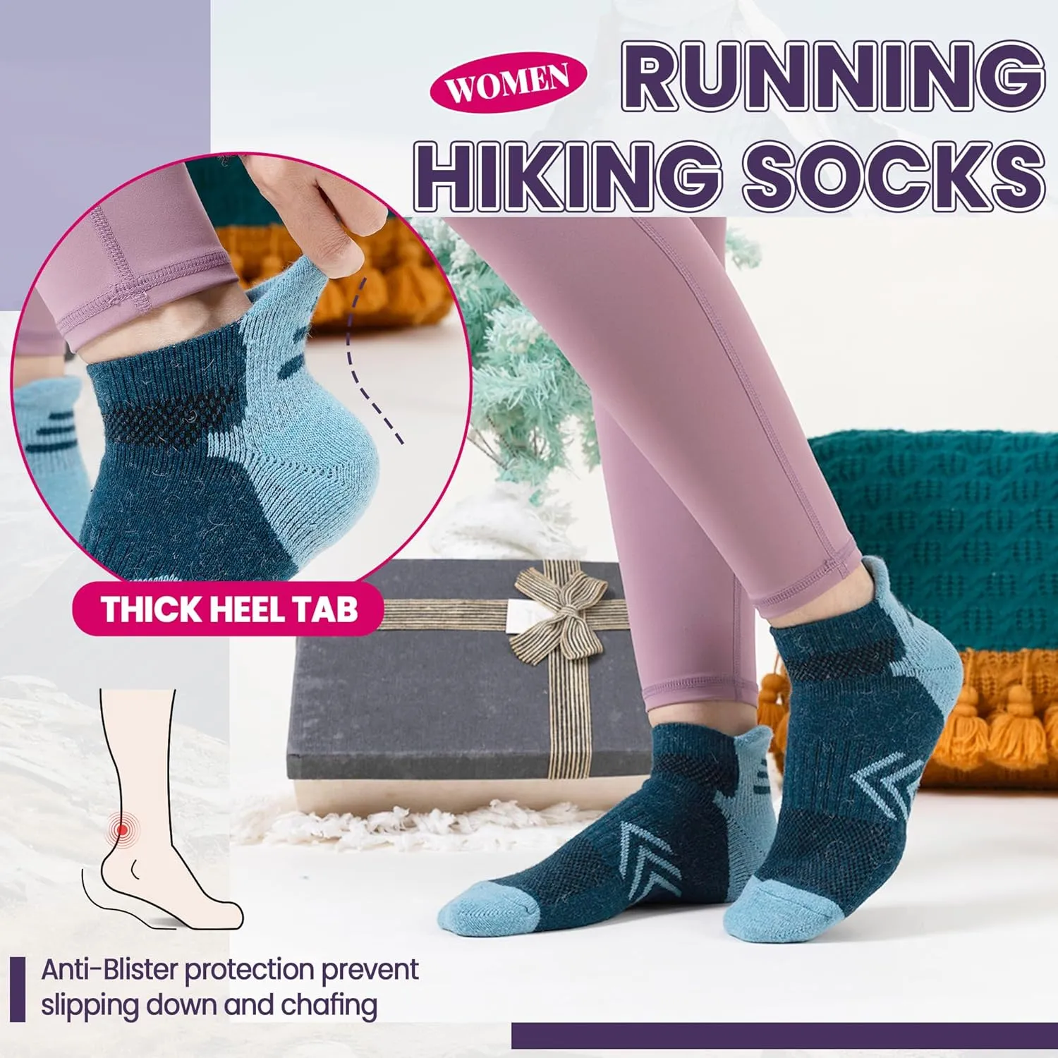 Velice Merino Wool Ankle Hiking Running Socks for Women Compression Thick Athletic Cushion Breathable No Show Socks 6 Pairs