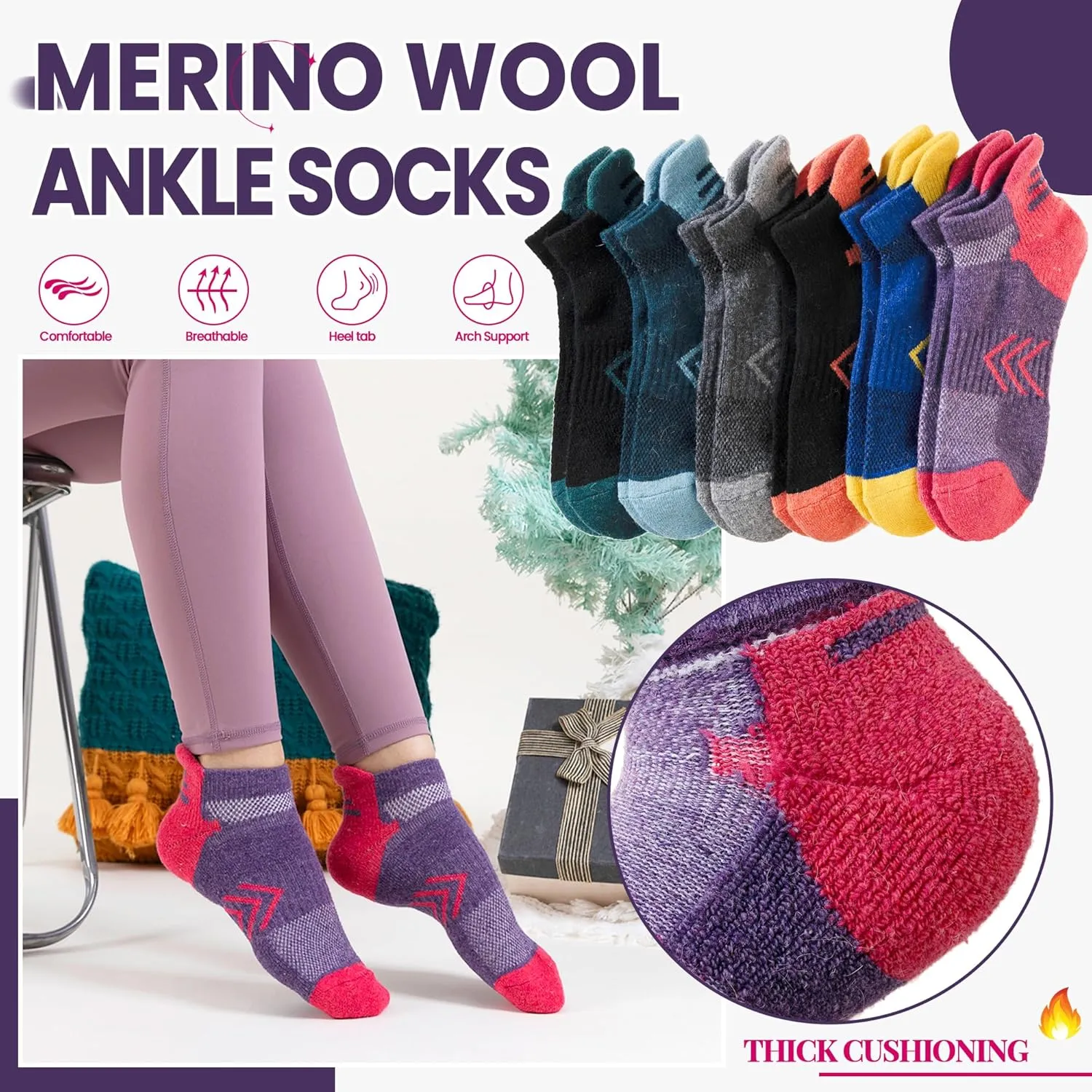 Velice Merino Wool Ankle Hiking Running Socks for Women Compression Thick Athletic Cushion Breathable No Show Socks 6 Pairs