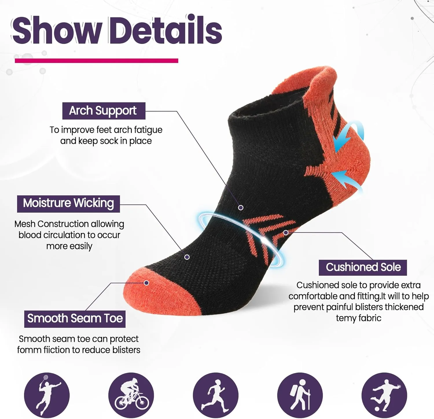 Velice Merino Wool Ankle Hiking Running Socks for Women Compression Thick Athletic Cushion Breathable No Show Socks 6 Pairs