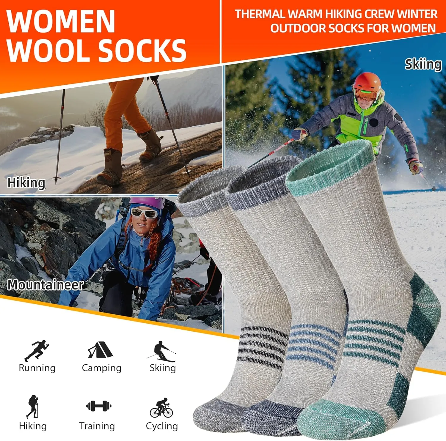 Velice Merino Wool Hiking Socks for Women Thermal Warm Winter Boot Work Cushion Crew Socks 3 Pairs