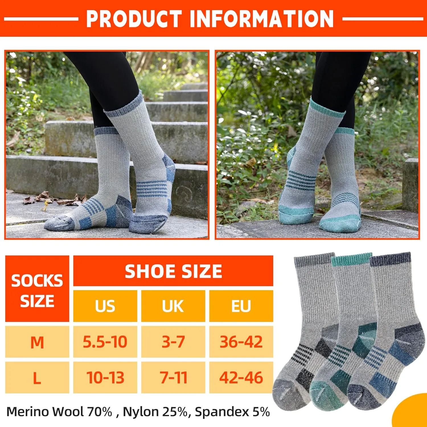 Velice Merino Wool Hiking Socks for Women Thermal Warm Winter Boot Work Cushion Crew Socks 3 Pairs