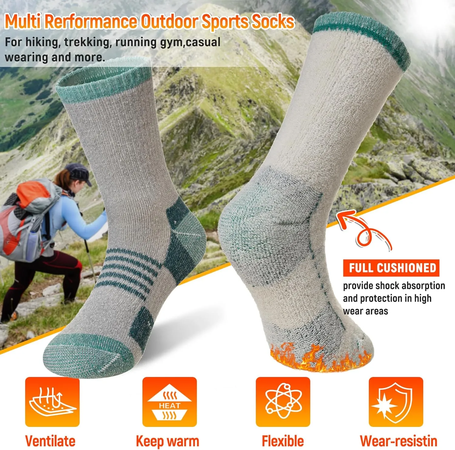Velice Merino Wool Hiking Socks for Women Thermal Warm Winter Boot Work Cushion Crew Socks 3 Pairs