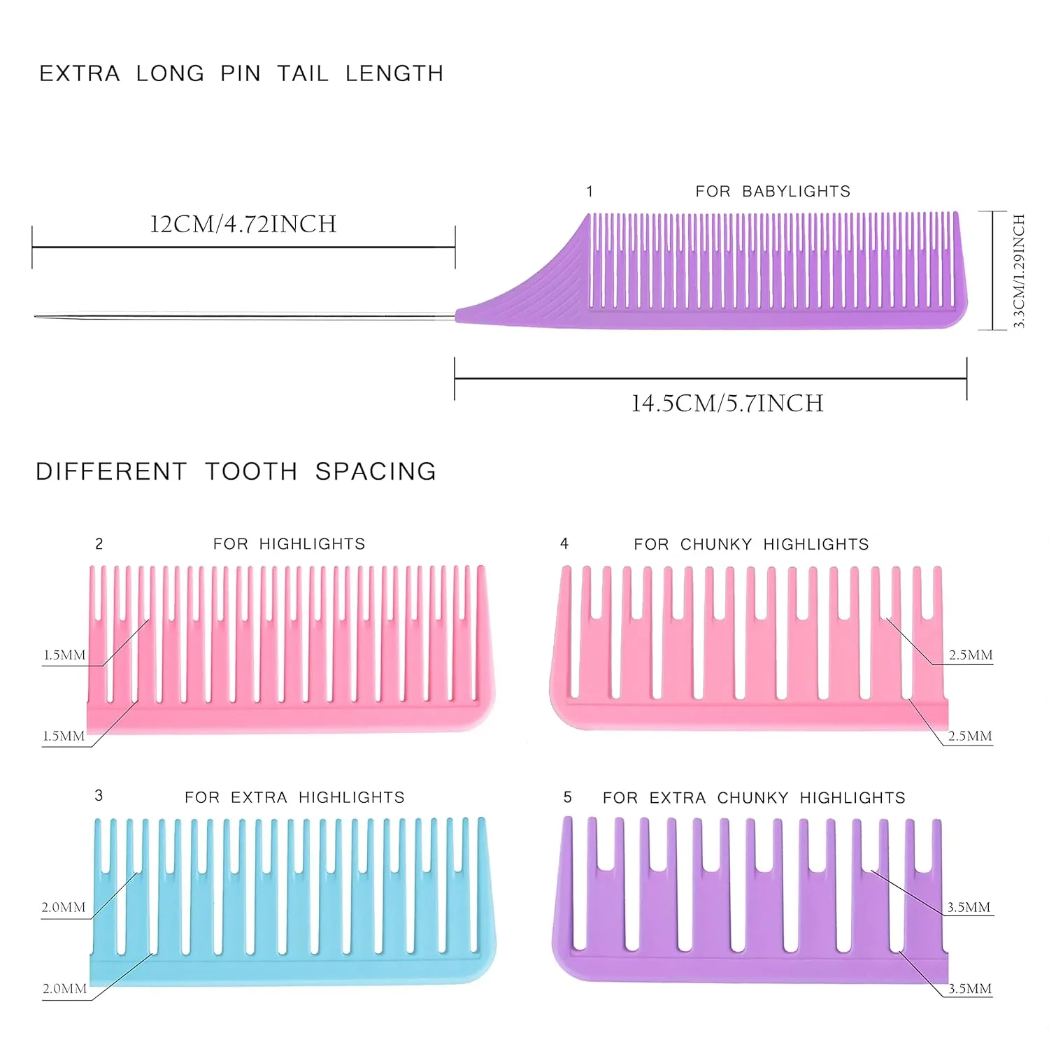 Vellen Hair Ultimate Highlight Comb Set, 5 Sizes PEI Material, Heat Resistant Professional Balayage Comb with Extra Long Stainless Steel Needle (Purple)