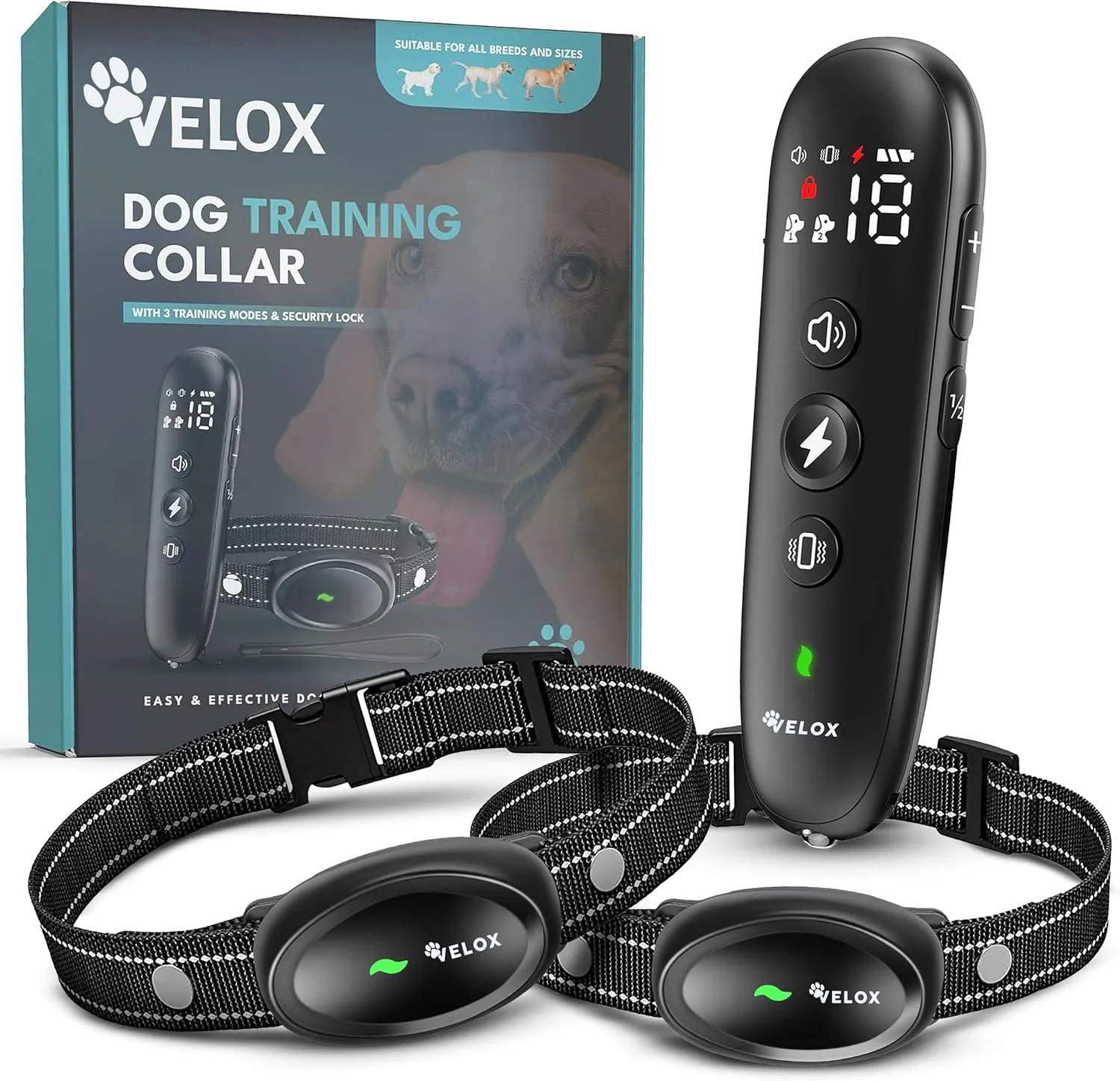 Velox Dog Collar | Anti-Bark Dog Training Collar | Dog Collar | LED Light Collar | Shock Collar | Vibration Collar | Obedience Trainer | 3in1 Modes: Sound, Vibration, Shock | 1600 ft [2 Pack] (2)