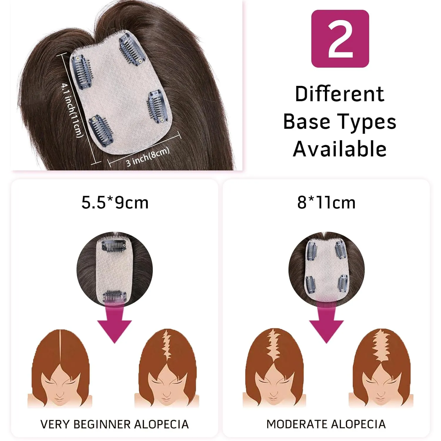 VERNA Real Human Hair Topper, 10 Inch 100％ Human Hair Toppers for Women with Thinning Hair, Large area Coverage Dark Brown Hairpiece Wiglet for Daily Wear(8 * 11)