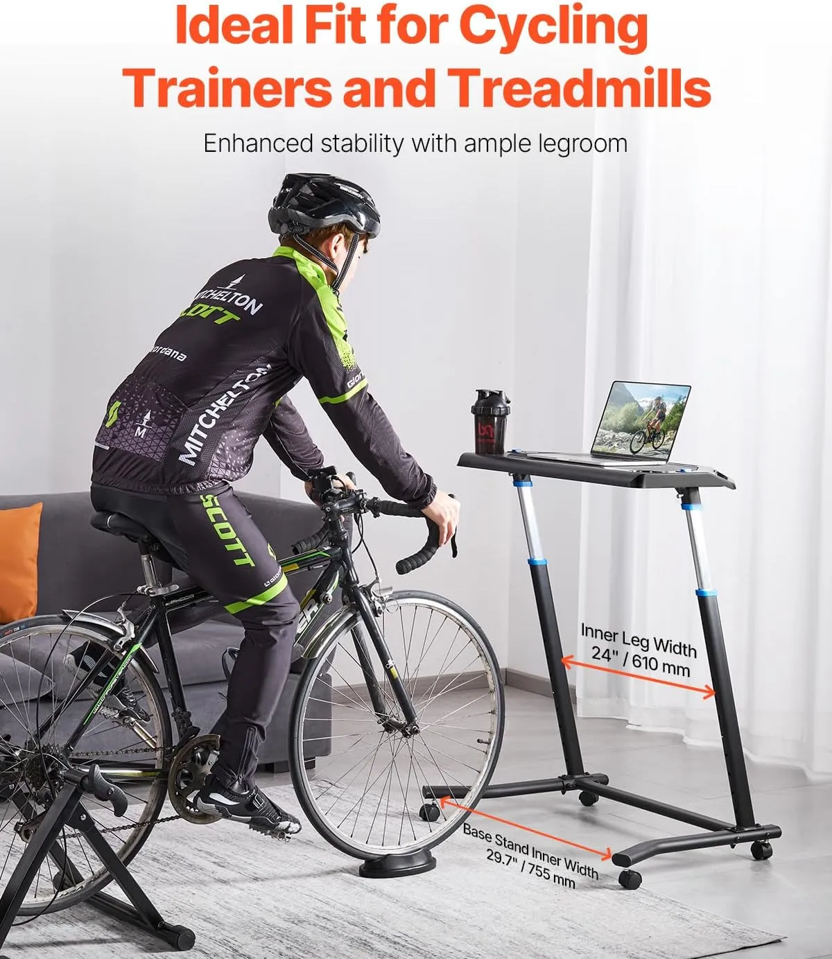 VEVOR Cycling Desk, Adjustable Bike Trainer & Treadmill Desk with Triangle Support, Non-Slip Multi-Slot Bike Trainer Fitness Desk with Handle Bar, Fit for Home Office Exercise