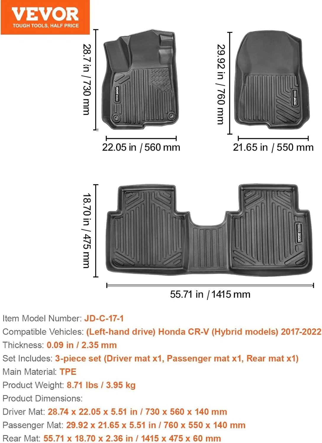 VEVOR Floor Mats Fits for Honda CR-V (Hybrid Models) 2017-2022, All Weather Protection, Custom Fit Car Floor Liners, Front & 2nd Row