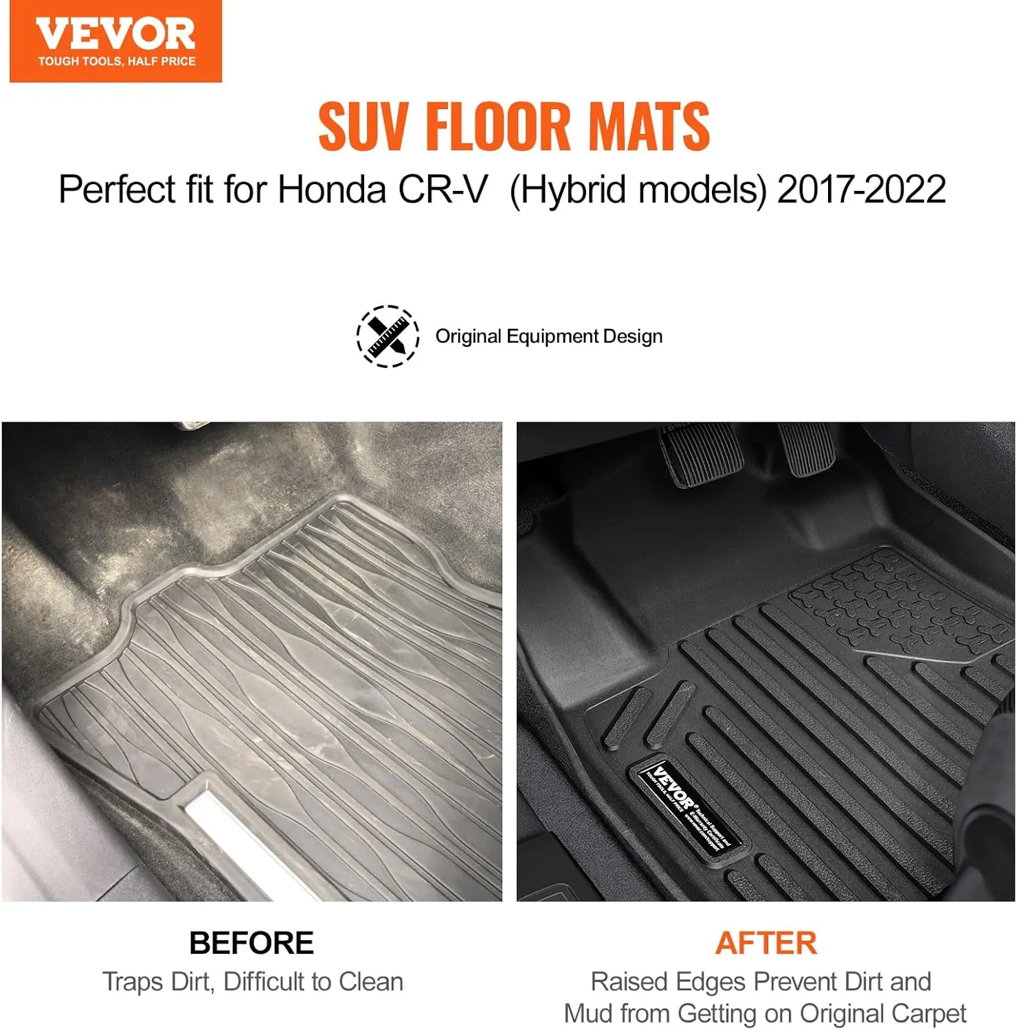 VEVOR Floor Mats Fits for Honda CR-V (Hybrid Models) 2017-2022, All Weather Protection, Custom Fit Car Floor Liners, Front & 2nd Row