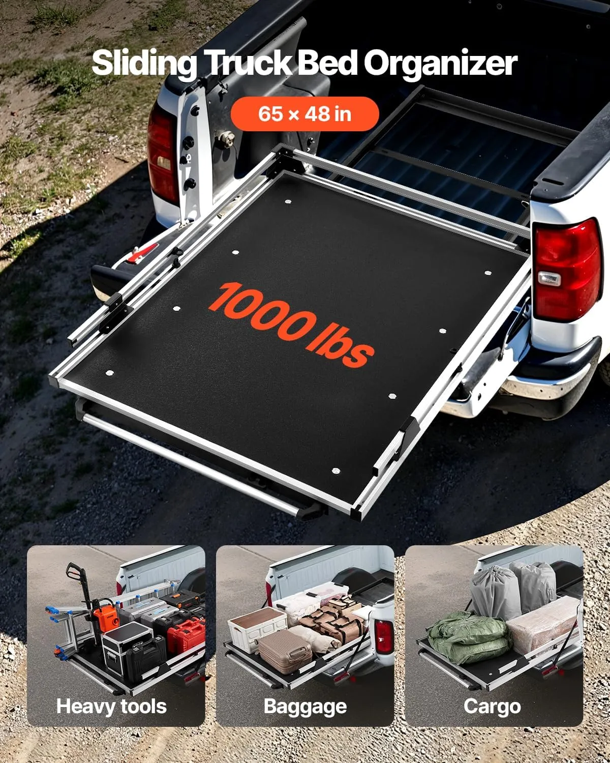 VEVOR Sliding Truck Bed Organizer, 65 x 48-Inch Heavy Duty Truck Bed Storage Drawer with 1000 lbs Capacity, Features 6 Movable Rings for Securing, 2-Postion Slide Out Tray for Pickup Trucks, Black