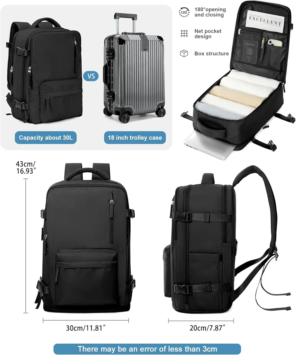 VGCUB Carry on Travel Backpack for Women Men Large Laptop Gym Work Frontier Airlines Personal Item Bag Business Airport Lightweight Backpack Flight Approved Mochilas de Viaje Black