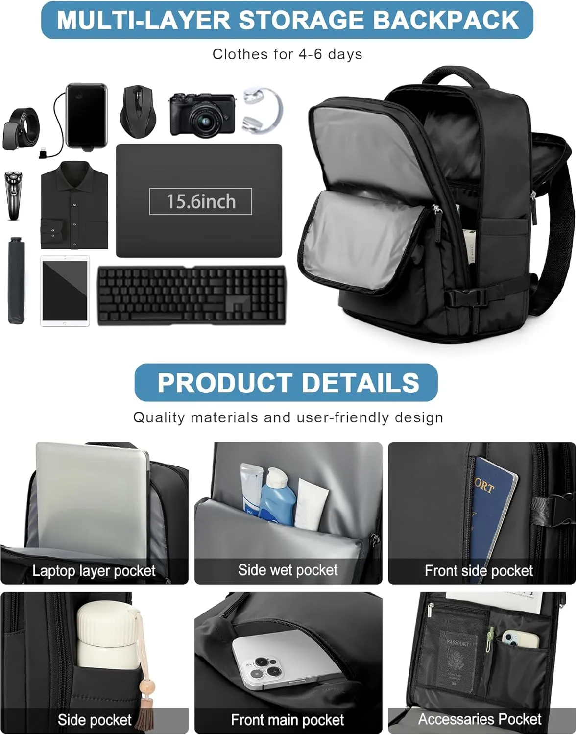 VGCUB Carry on Travel Backpack for Women Men Large Laptop Gym Work Frontier Airlines Personal Item Bag Business Airport Lightweight Backpack Flight Approved Mochilas de Viaje Black