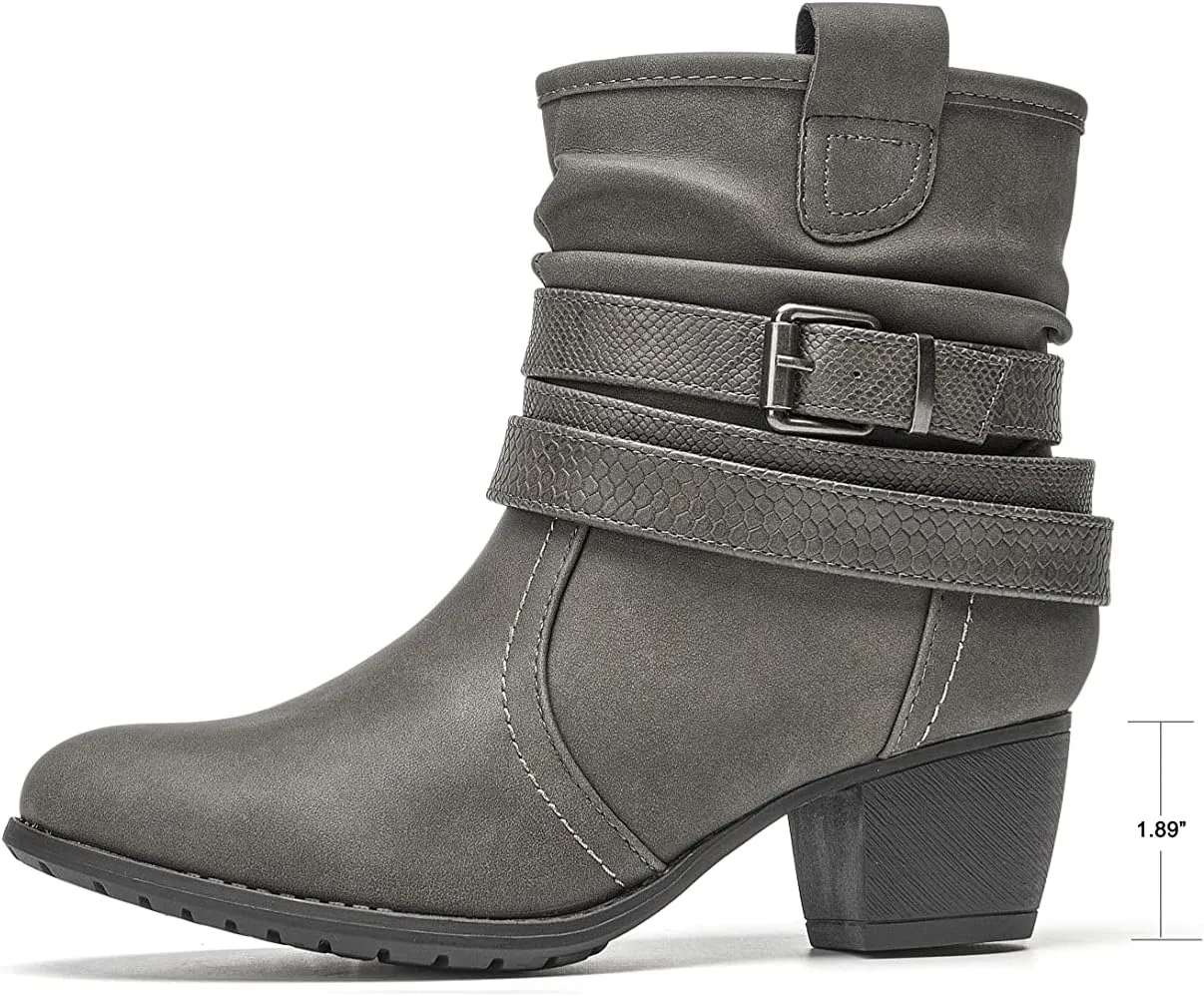VJH confort Women's Mid Calf Boots,Round Toe Comfort Low Heel Slouchy Dress Booties with Buckle Strap Side Zipper