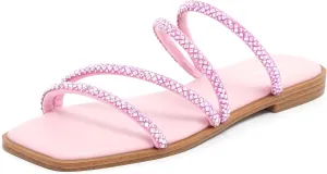 vodvob Women's Rhinestone Flat Sandals Slip on Memory Foam Sandals Open Toe Slide Sandals