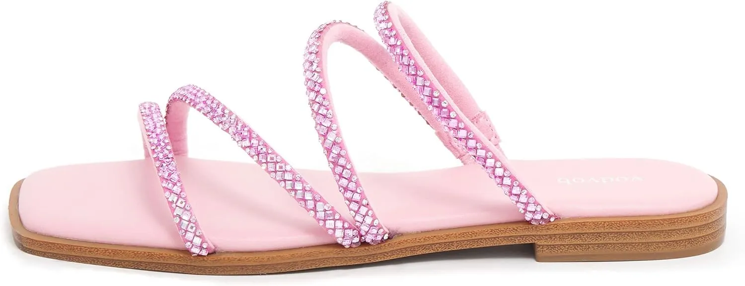 vodvob Women's Rhinestone Flat Sandals Slip on Memory Foam Sandals Open Toe Slide Sandals