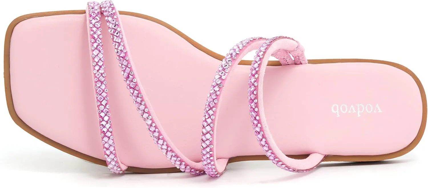 vodvob Women's Rhinestone Flat Sandals Slip on Memory Foam Sandals Open Toe Slide Sandals