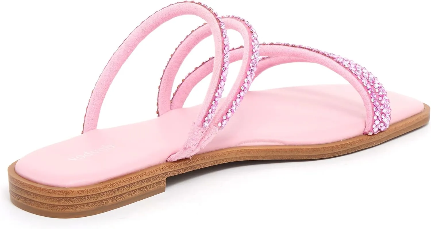 vodvob Women's Rhinestone Flat Sandals Slip on Memory Foam Sandals Open Toe Slide Sandals