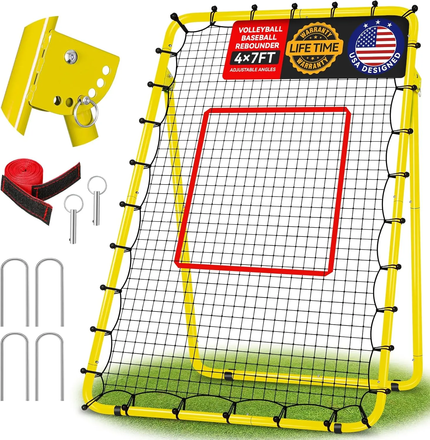 Volleyball Net 4x7ft Bounce Back Net with 5 Adjustable Angles, Anti-UV Easy Storage Baseball Fielding Trainer with 4 Stakes, Football Softball Baseball Pitch Back Rebounder with 4 Anti-skid Parts