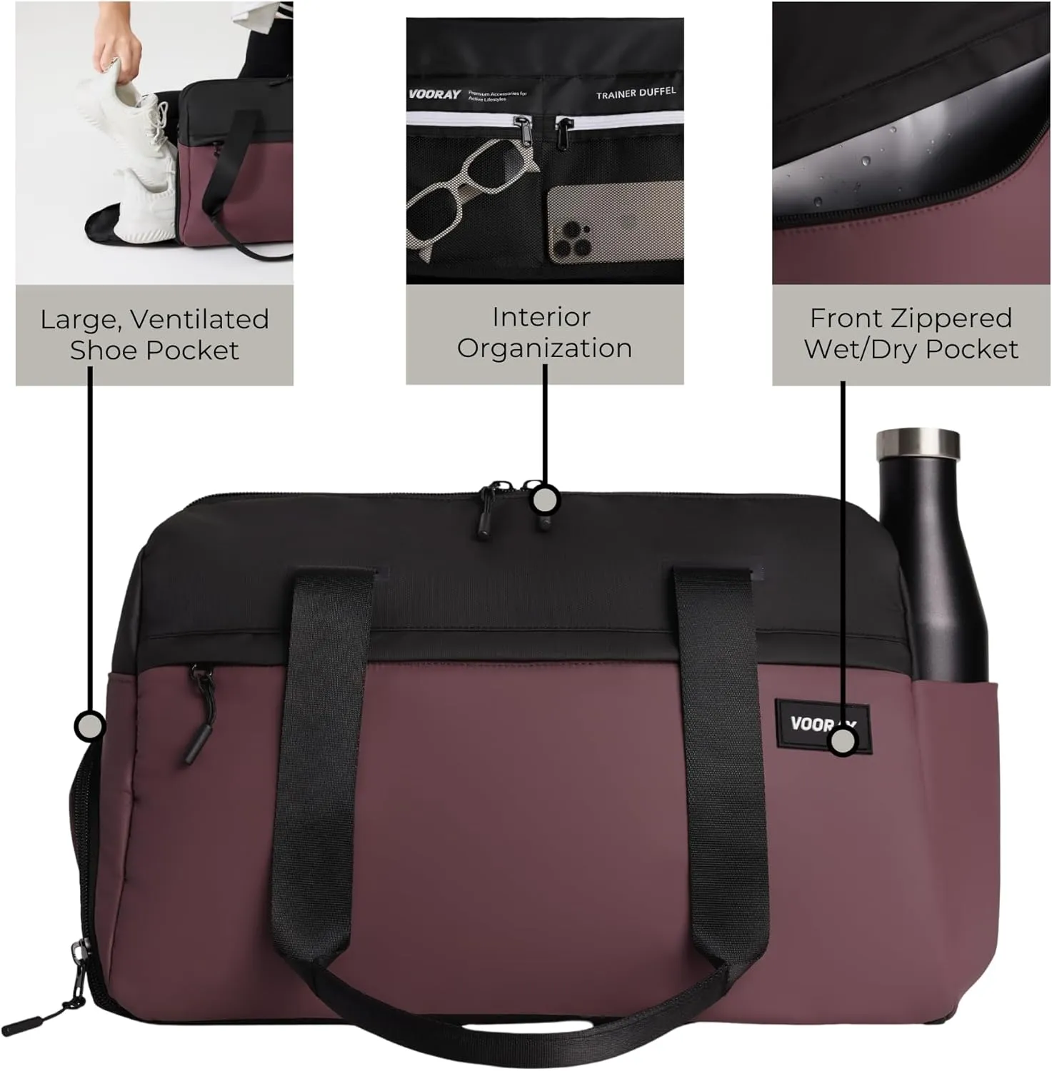 Vooray 25L Trainer Duffel Bag Rose – Lightweight Travel Duffel for Women and Men with Shoe Pocket, Workout Bag, Weekender for Overnight, Football, Traveling, or Hospital Use