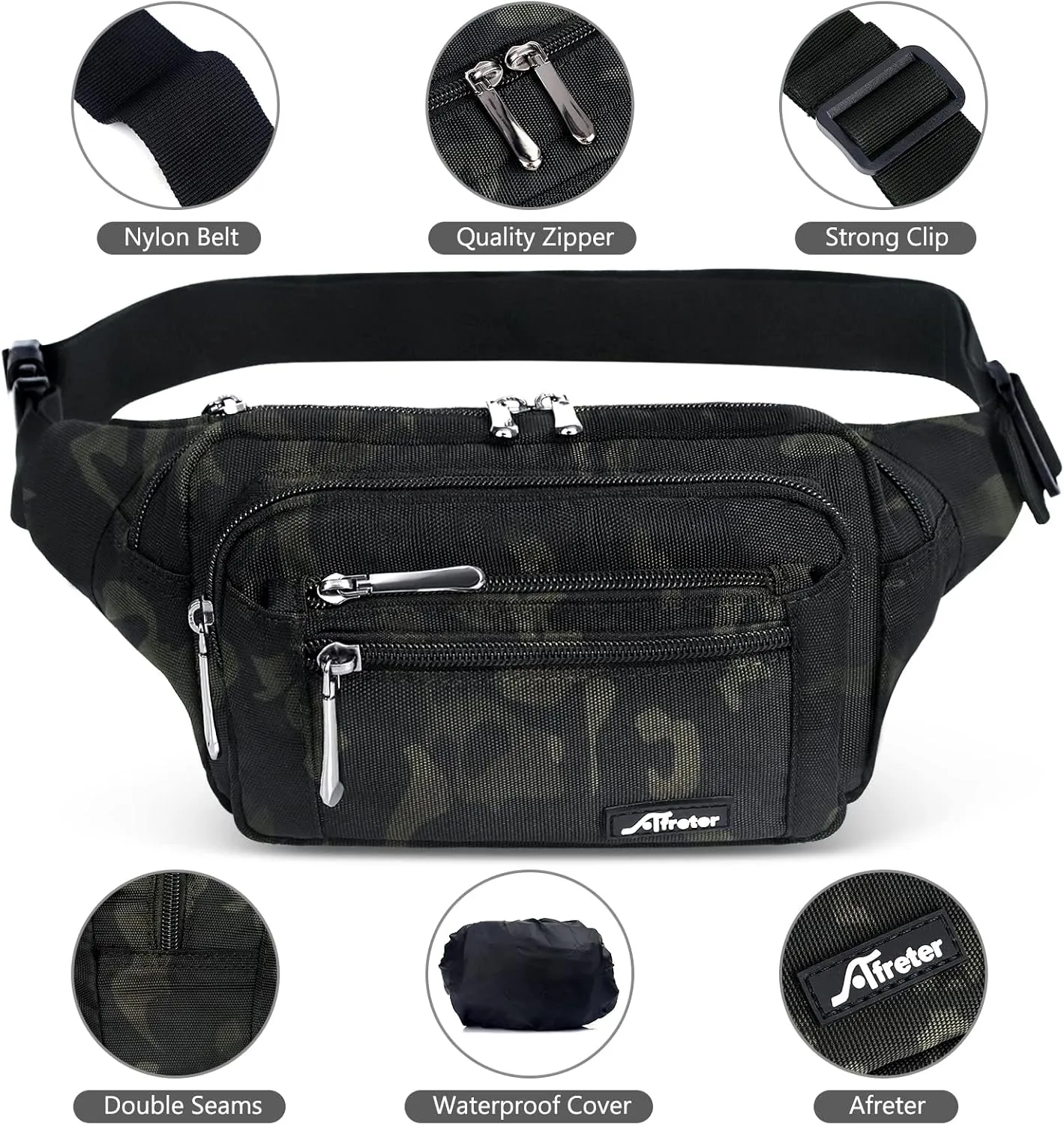 Waist Pack Bag Fanny Pack for Men&Women Hip Bum Bag with Adjustable Strap for Outdoors Workout Traveling Casual Running Hiking Cycling (Black Camo)