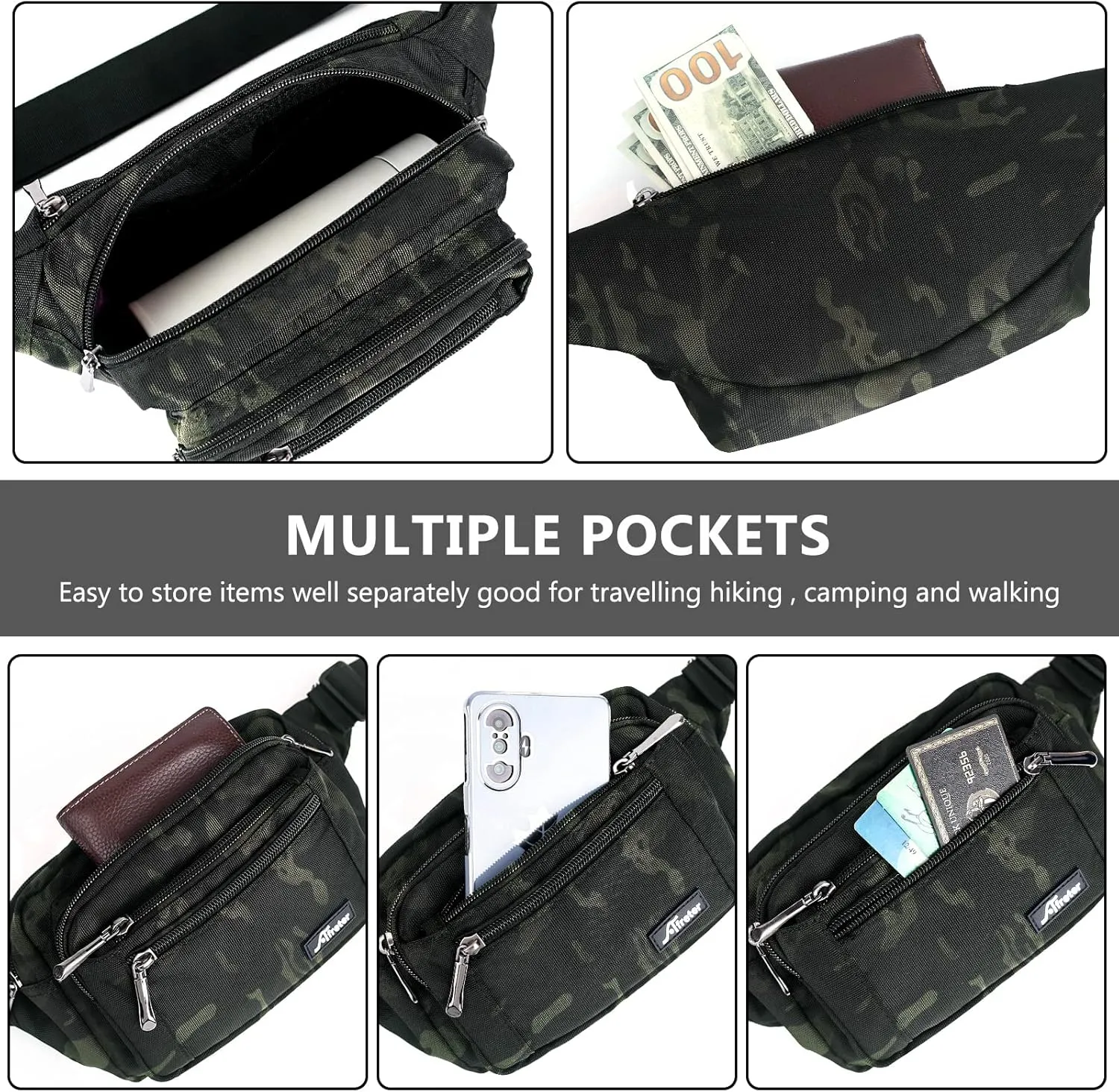 Waist Pack Bag Fanny Pack for Men&Women Hip Bum Bag with Adjustable Strap for Outdoors Workout Traveling Casual Running Hiking Cycling (Black Camo)