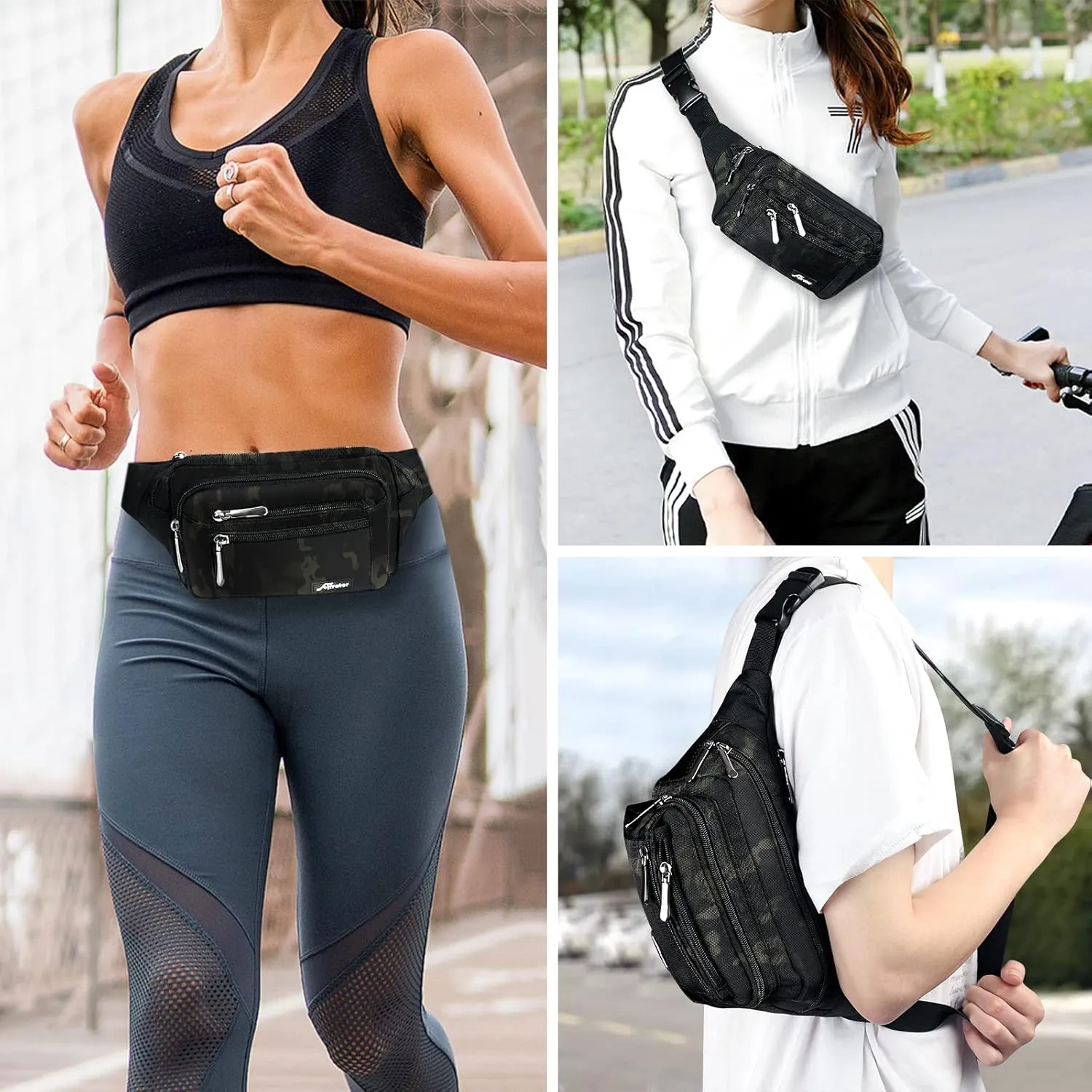 Waist Pack Bag Fanny Pack for Men&Women Hip Bum Bag with Adjustable Strap for Outdoors Workout Traveling Casual Running Hiking Cycling (Black Camo)