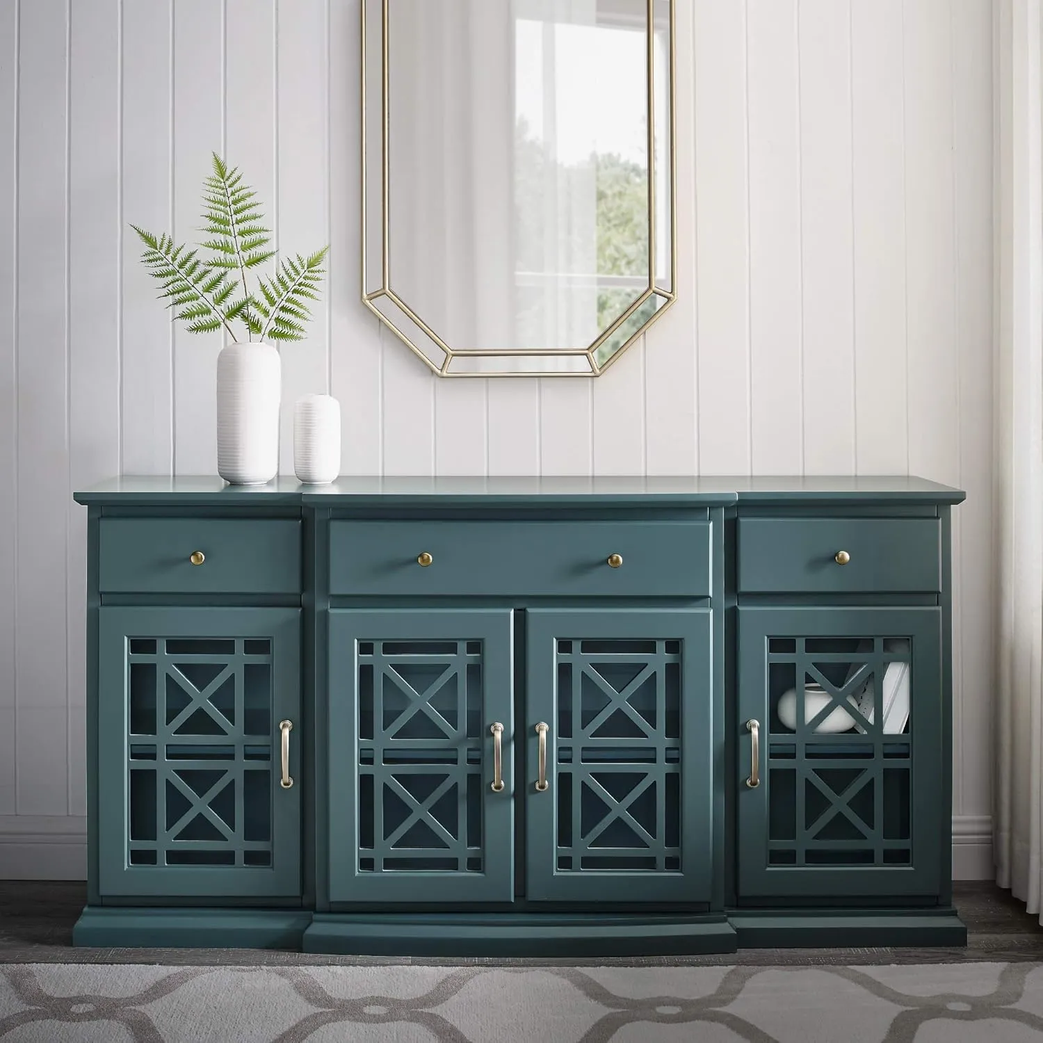 Walker Edison Modern Wood Glass Door Buffet Sideboard Living Room-Entryway Serving Storage Cabinet Doors-Dining Room Console, 60 Inch, Dark Teal