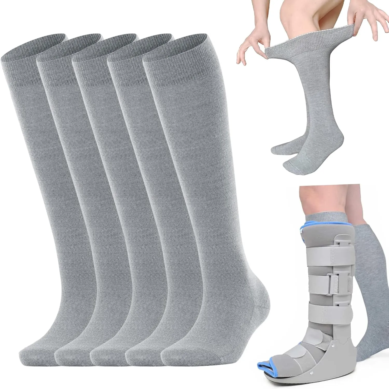 Walking Boot Socks Replacement Sock Liner for Orthopedic Walking Boots Walker Brace for Men Women, Seamless Breathable Medical Tube Cast Boot Surgical Leg Cover, 5 Pairs
