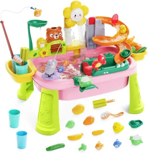 Water Table for Toddlers, Water Table for Kids Ages 4-8 with Pump, Sensory Tables with Play Vegetables, Tableware & Fishing Game, Outdoor Toy Summer Beach for Kids Boys Girls Age 3 4 5 6 7 8