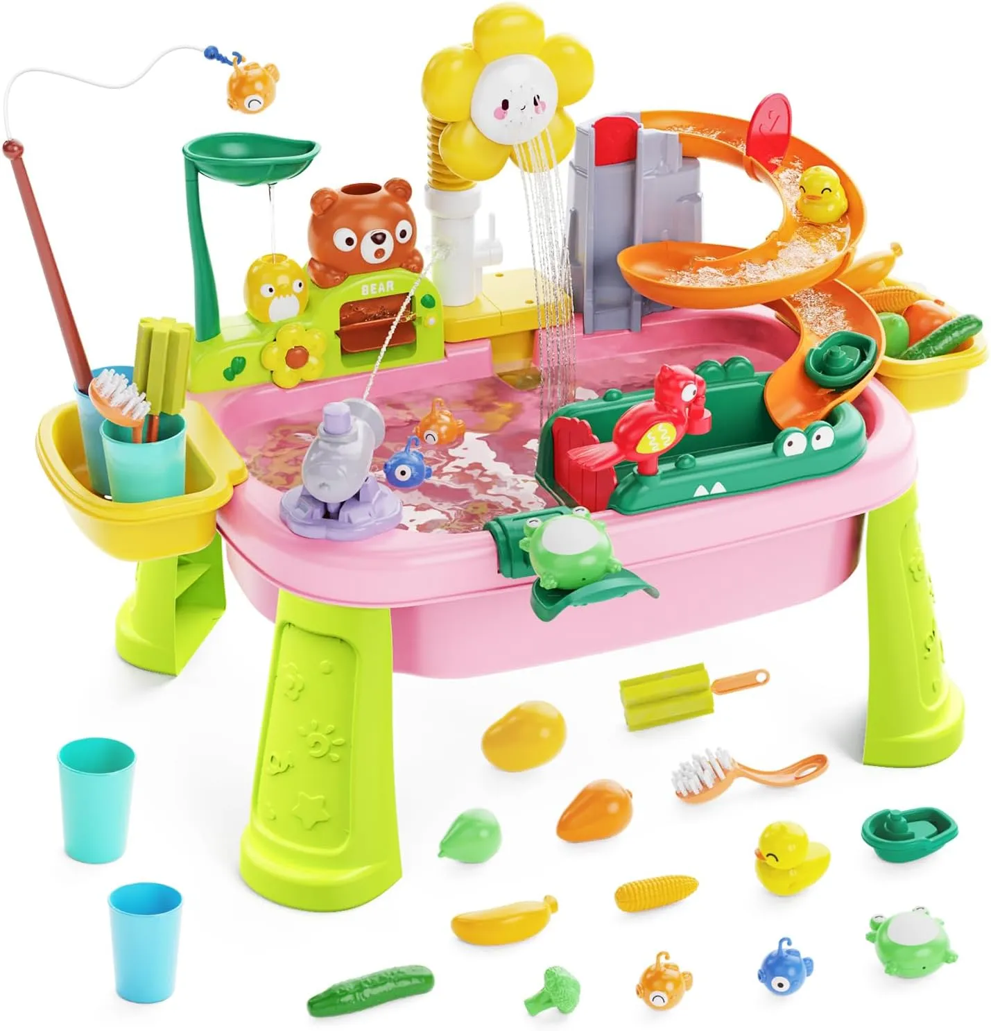 Water Table for Toddlers, Water Table for Kids Ages 4-8 with Pump, Sensory Tables with Play Vegetables, Tableware & Fishing Game, Outdoor Toy Summer Beach for Kids Boys Girls Age 3 4 5 6 7 8