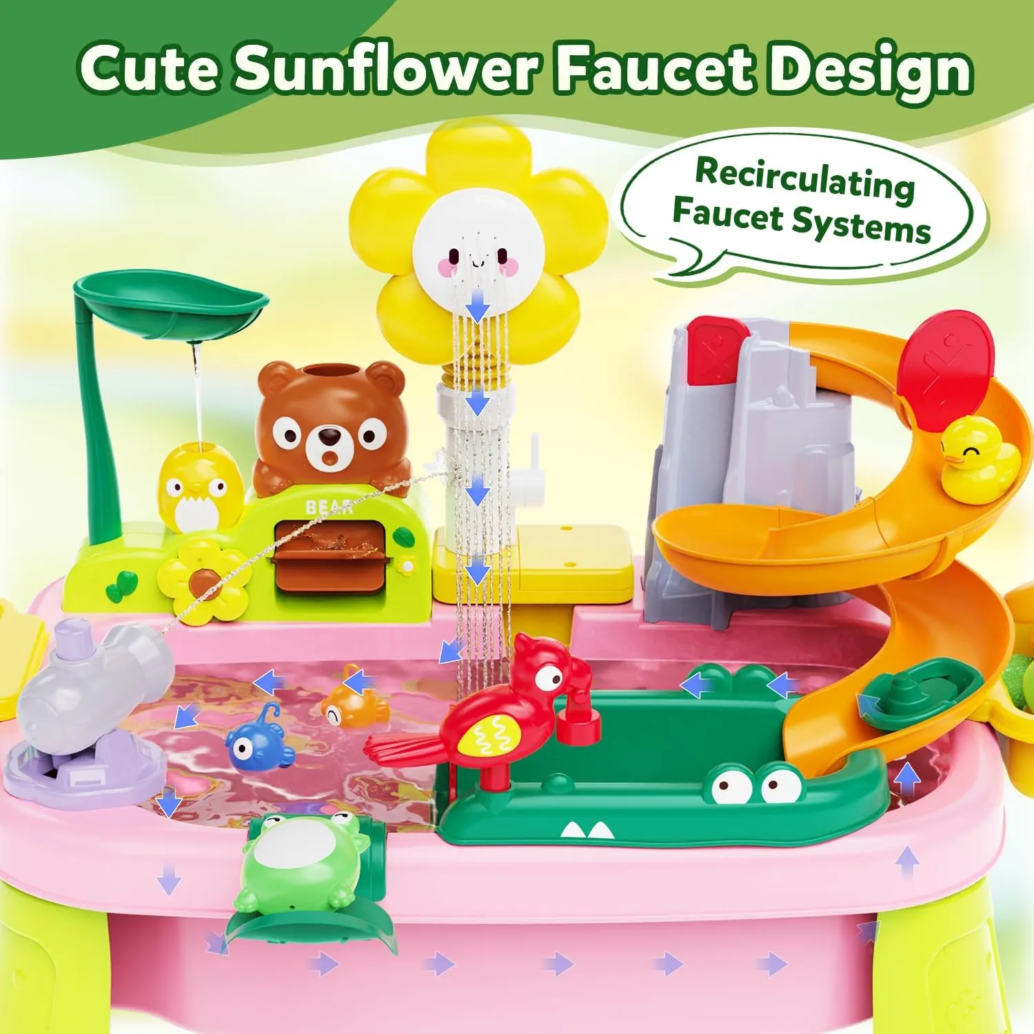 Water Table for Toddlers, Water Table for Kids Ages 4-8 with Pump, Sensory Tables with Play Vegetables, Tableware & Fishing Game, Outdoor Toy Summer Beach for Kids Boys Girls Age 3 4 5 6 7 8